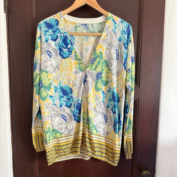 SPARROW | Anthropologie Yellow and Blue Floral Lightweight Cardigan | Large - Picture 1 of 6